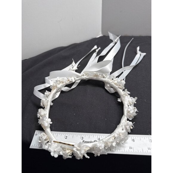 White Floral Halo Headband With Streamer Ribbons For Weddings & Special Occasion - Picture 5 of 6